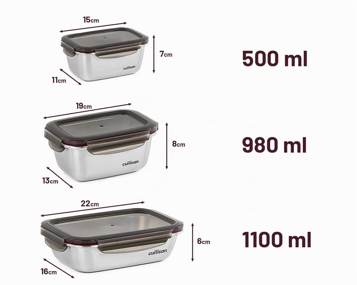 Cuitisan - Confezione da 3 scatole alimentari in acciaio inox compatibile con microonde. 500, 980 e 1100 ml