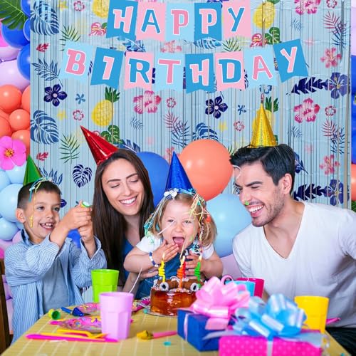 Image of Hawaiian Element Pattern Birthday Party Supplies 3 Pack Foil Fringe Curtains Tinsel Animation Themed Photo Backdrop Streamers Cartoon Birthday Party Decorations