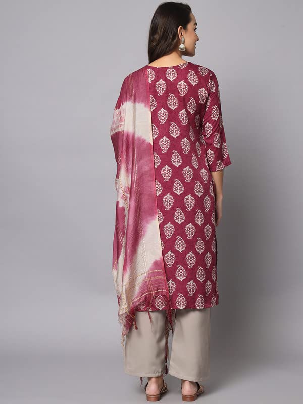 Image of VredeVogel Women's Poly Crepe Floral Straight Kurta with Pant and Chanderi Dupatta Set