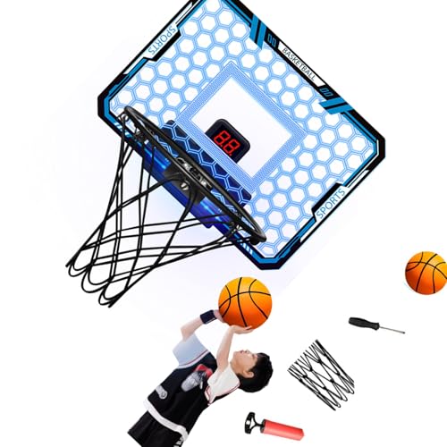 SHINLHUA Juego completo de baloncesto para interiores que incluye marco plegable, luces LED, marcador de baloncesto, seguro para niños y adultos, entretenimiento, aros de metal estables para