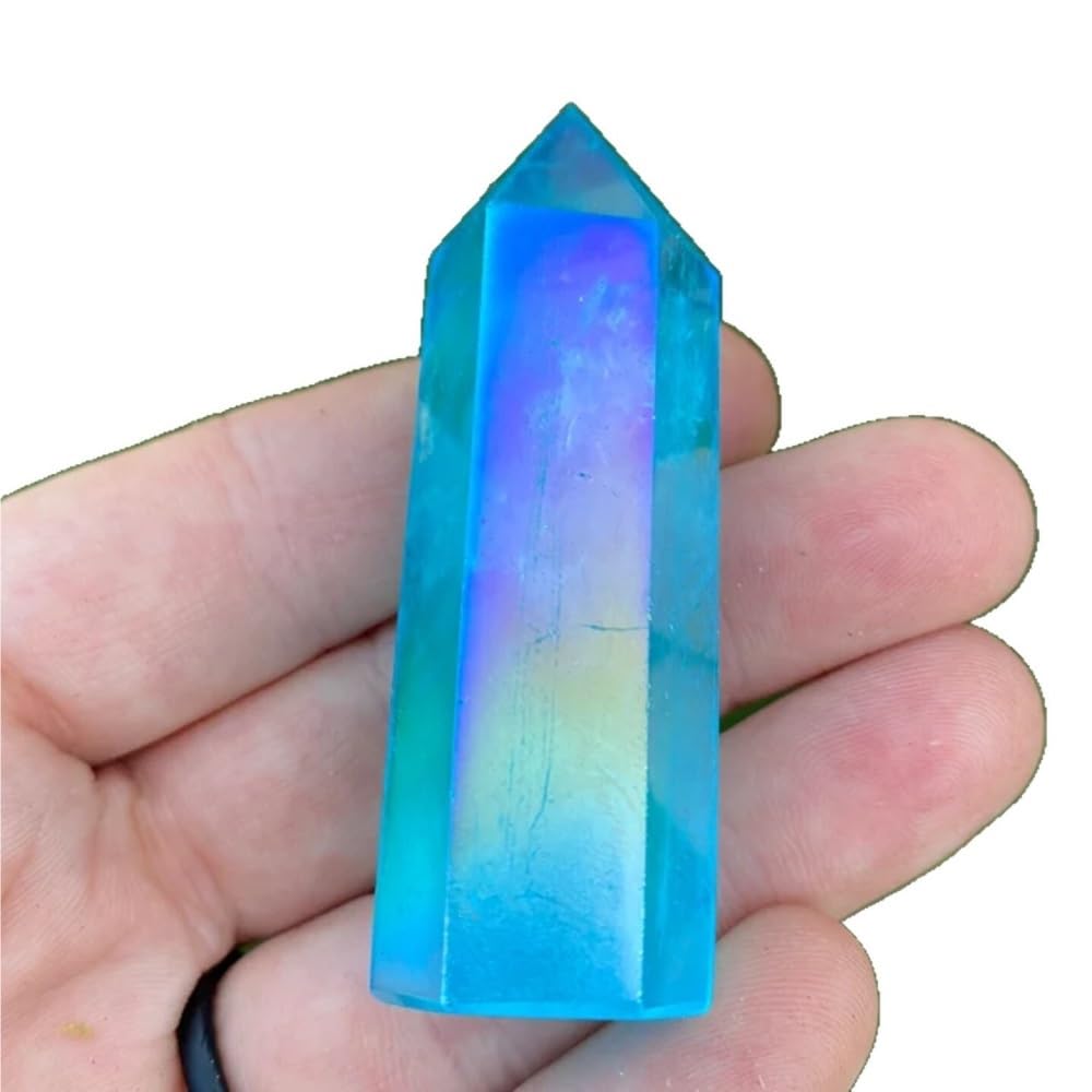 Natural White Crystal Electroplated Ice Blue Hexagonal Prism - Polished Crystal Column for Home Decor(8-9cm)