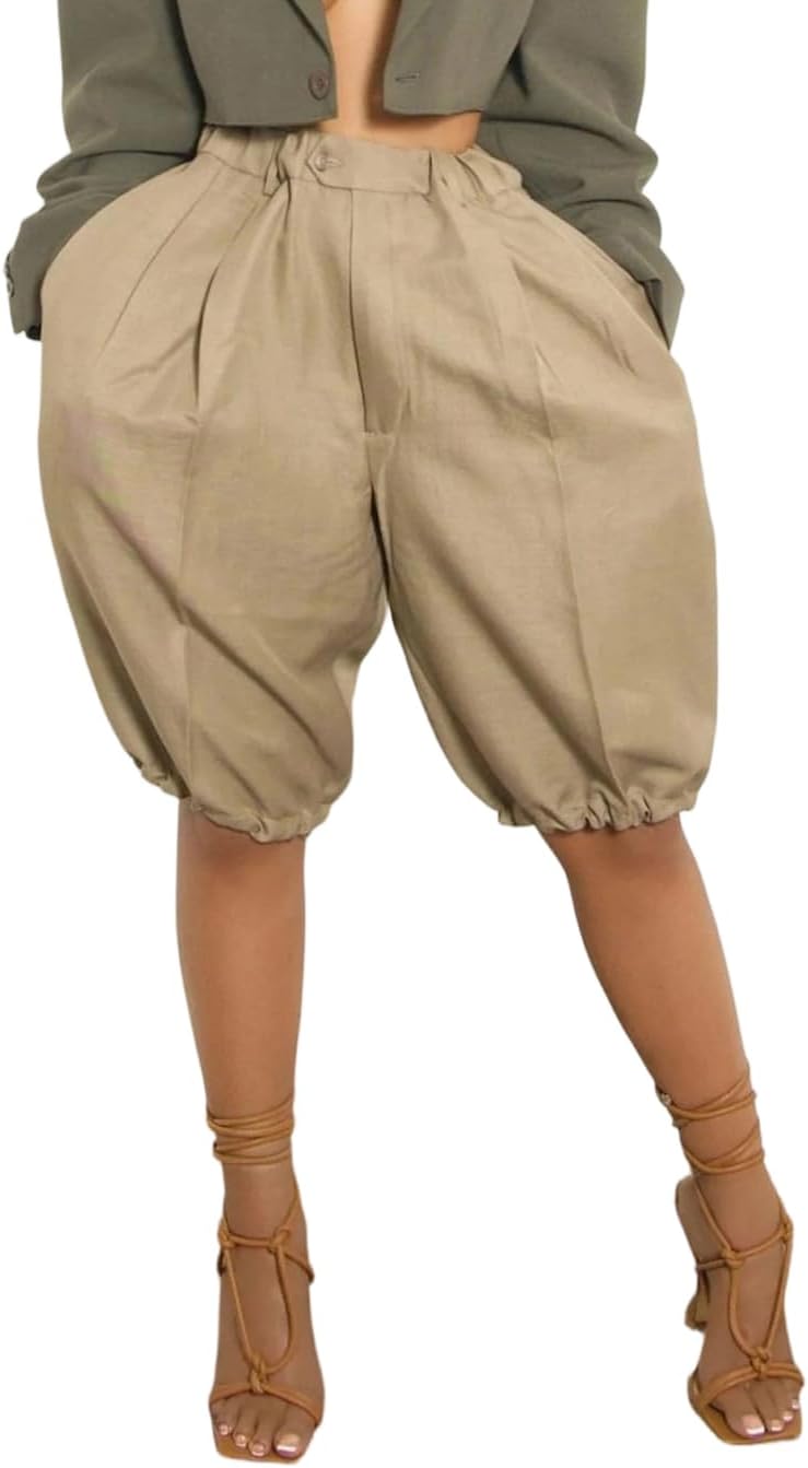 LKOUS Bermuda Shorts for Women Casual Baggy Lightweight Elastic Waist Knee Length Lantern Shorts with Pockets