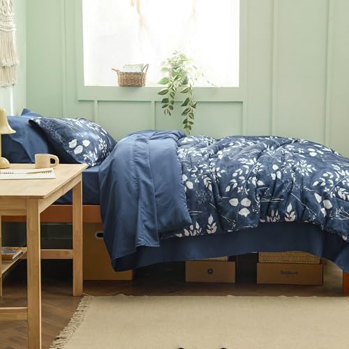 Image of Bedsure Floral Navy Comforter Set, Twin-XL Bedding Sets, Dorm, 5 Piece