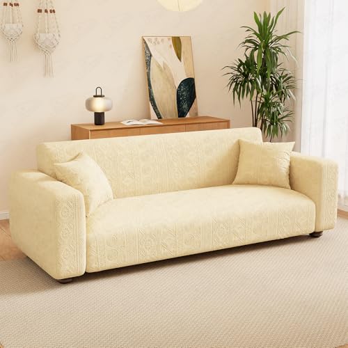Image of Lukzer 1 Seater Stretchable Sofa Cover | 240 GSM Universal Fit Jacquard Fabric Couch Protector | Pastel Yellow Tribal Pattern | Fully Covered Anti Slip & Washable Sofa Cover (90-140cm /SC-075-01)