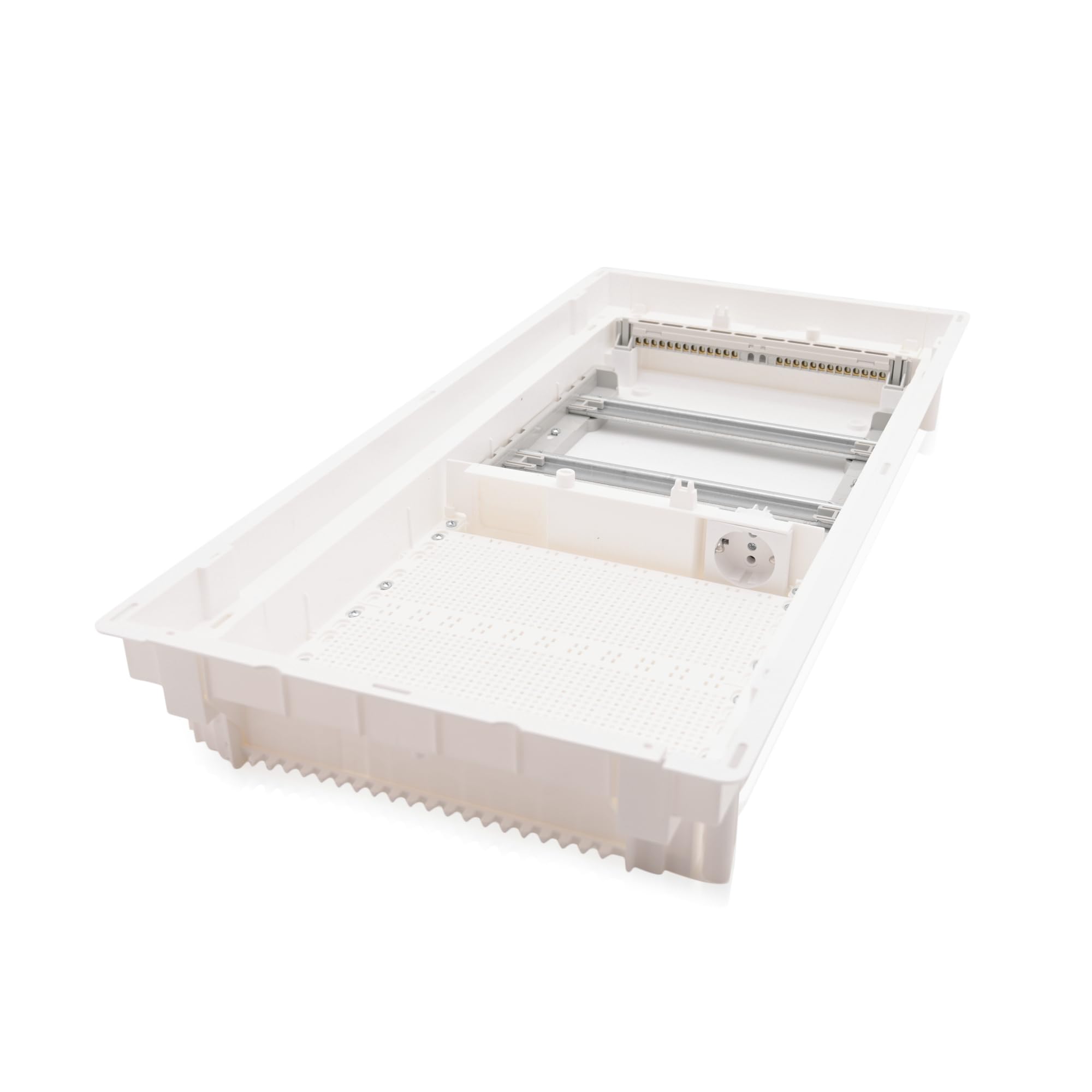 Intratec distributore multimediale e quadro di sicurezza combinato a incasso, IP30, 717x346x92 mm, 2 file, 24+4 moduli, porta in acciaio bianco RAL 9003, ripartitore di comunicazione
