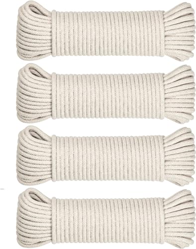 SteadMax 200ft Natural Cotton 3/16 Inch Rope, Heavy-Duty General-Purpose Utility Cord, Clothesline Rope, Ideal for Tents, Hammocks, Halters, Harnesses, Awnings, Outdoors, Sports (4 Pack, 50ft Each)