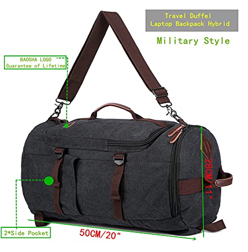 BAOSHA Canvas Weekender Travel Duffel Backpack Hybrid Hiking Rucksack Laptop Backpack for Outdoor Sports Gym HB-26(Black)