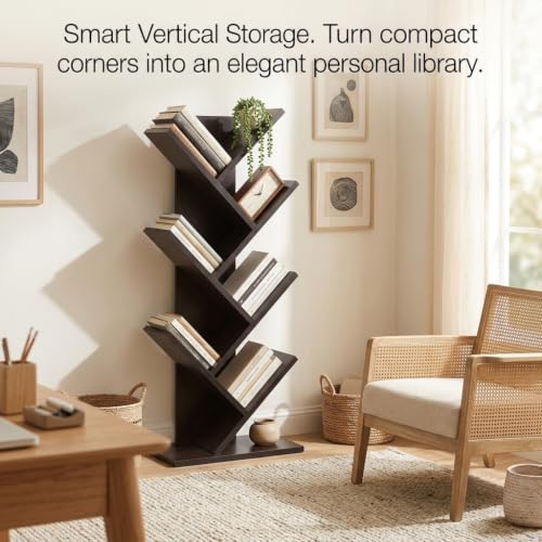 Image of Decazone Tree Bookshelf | Modern Floor Standing Wooden Book Shelf for Living Room | Engineered Wood Bookcase & Display Rack | Space Saving Corner Storage Shelf | Dark Wenge Finish