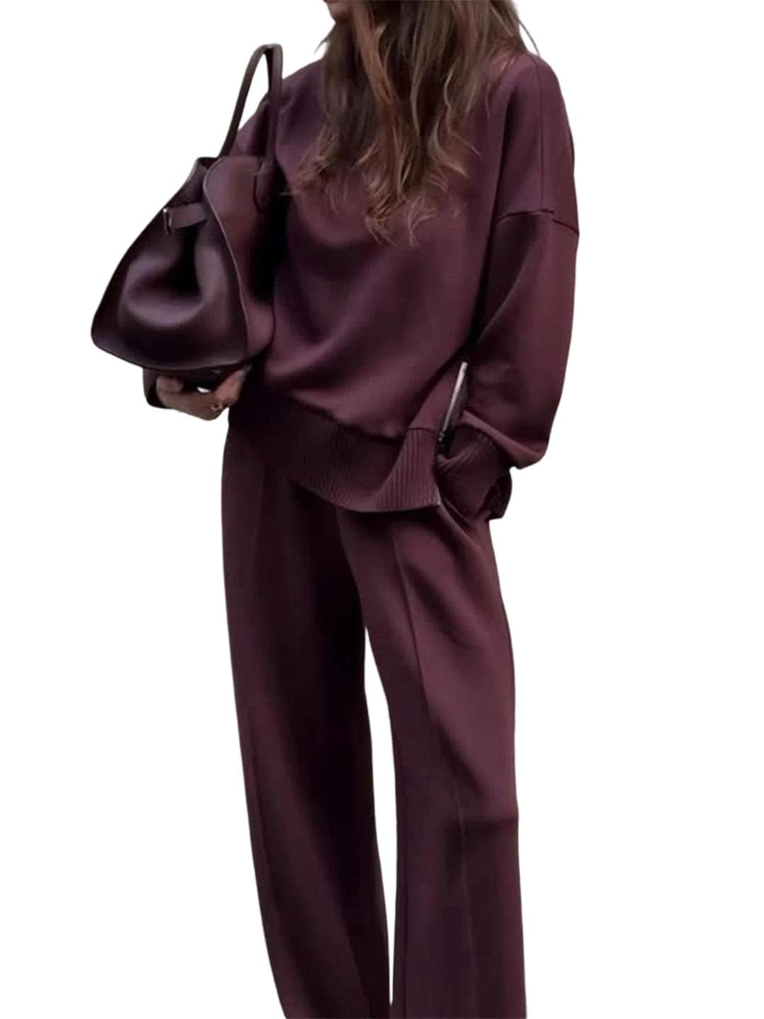 Womens Suede Two-Piece Set Long-Sleeved Slit Hoodie And Wide-Leg Pants