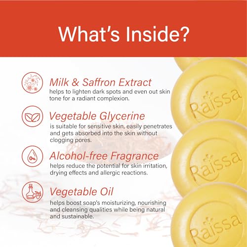 Image of Raissa Milk & Saffron Premium Bath Soap - 85g (Pack of 4) | Nourishing Soap Bar for Soft & Glowing Skin | With Natural Milk & Saffron Extracts | Alcohol-Free Fragrance | Paraben & Chemical-Free