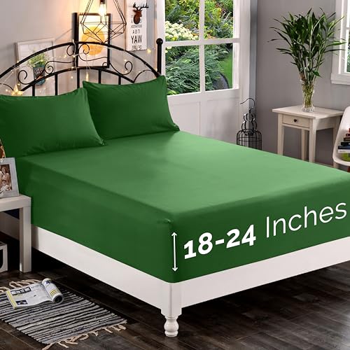 Elegant Comfort 1500 Premium Quality Fitted Sheet Ultra Soft 18-24 Inch Extra Deep Pocket - Single Fitted Sheet for High Mattress - Wrinkle Free with Smart Storage Pockets, King, Hunter Green
