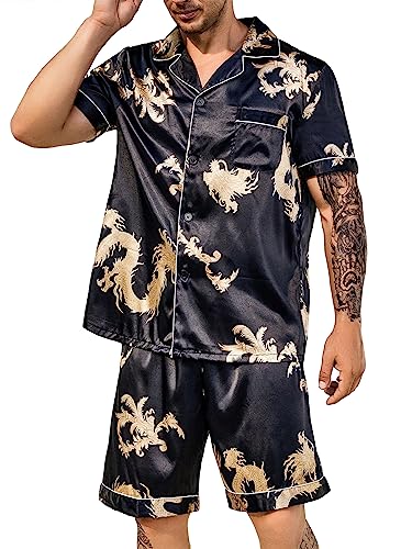 WDIRARA Men's Extended Size Sleepwear Dragon Print Short Sleeve Button Front Shirt and Shorts Satin Pajama Set