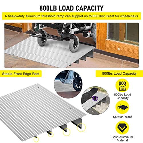 Door Threshold Ramp 4" Rise Door Ramp Aluminum Entry Ramp or Doorways Rated 800 lbs Load Capacity forWheelchair Scooters Power Chairs Walkers Metallic