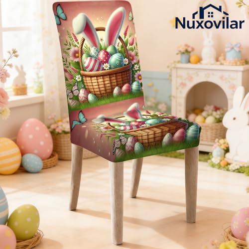 Image of Nuxovilar 4PCS Basket Bunny Design Milk Silk Stretchy Chair Covers | Stretch Slipcover Cute Protector Bunny Wrap Seat Guard Dining Room Family Brunch Kitchen Room (Basket Bunny)