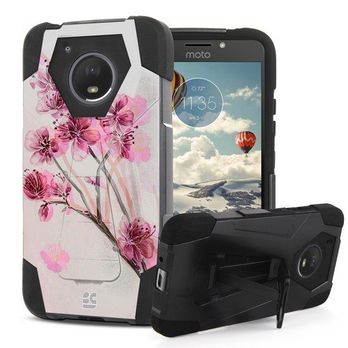 Shockproof [Drop-Protection] Dual Layered Case w/Kickstand Rugged Cover Compatible with Motorola Moto E 4th Gen/Moto E4 (XT1723/XT1768) - Cherry Blossom