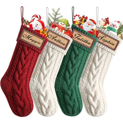 Weldomcor 4 Pcs Christmas Stockings Large 18 Inch Cable Knit Xmas Stockings Unique Burgundy Knit