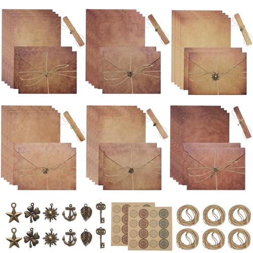 Jinsion 68 Piezas Papel Carta Set Noble 24Papel Vintage Papel Pergamino,12 Sobres Vintage,18 Cuerdas de CáñAmo, 2Hojas de Pegatinas de Sellos, 12Llaves, A4 Papel Carta con Sobre para Bodas,Cumpleaños