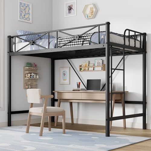 GarveeHome Twin Loft Bed Frame, Heavy Duty Metal with 400 Lbs Weight Capacity, Space-Saving & Noise-Free Design, Industrial Loft Bed for Kids, Teens,