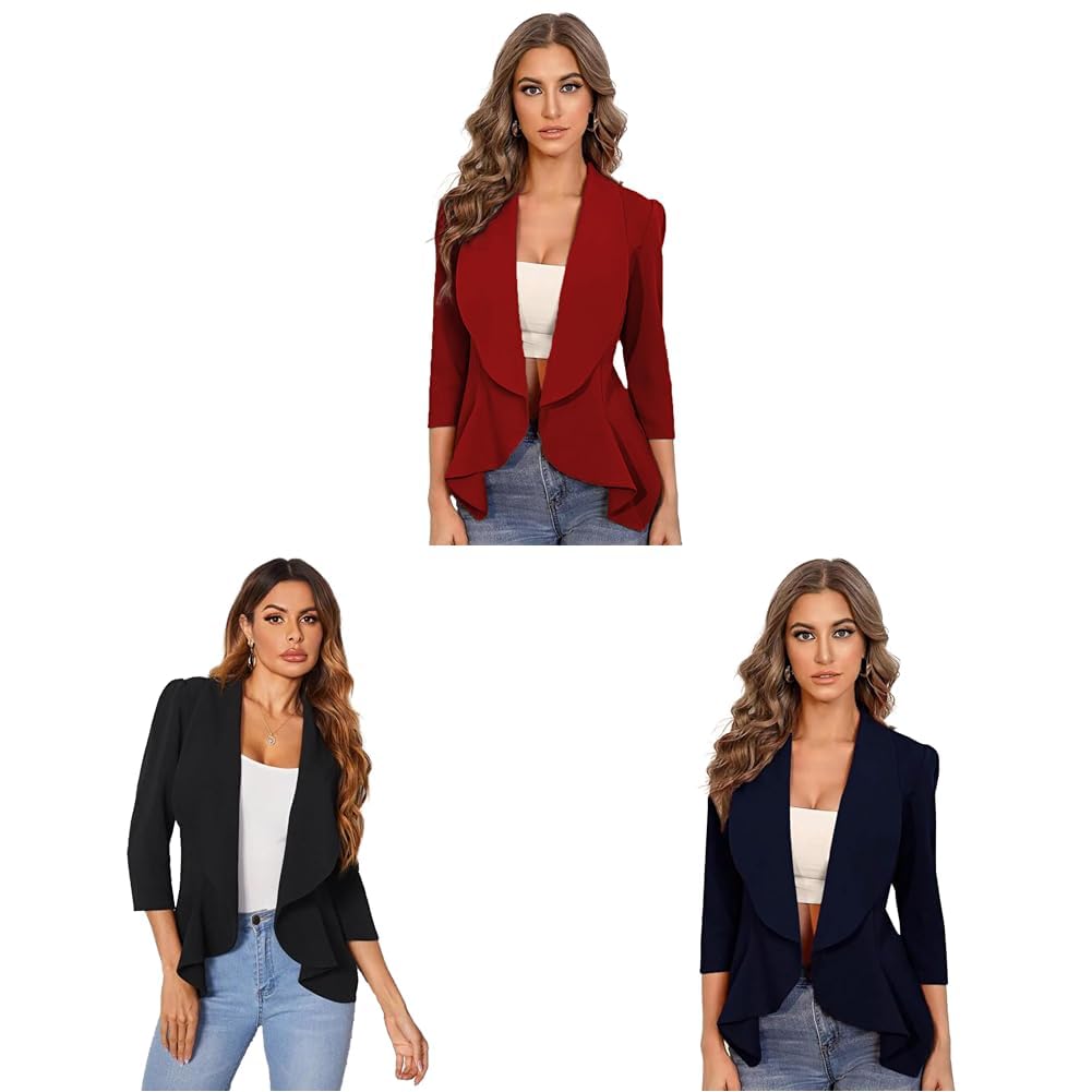 kotty Women's Single Breasted Relaxed Fit Shawl Collar Blazer in Black, Navy, and Dark Grey.-picture-15