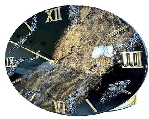 Image of Handmade Resin Wall Clock with Roman Numerals - Luxury Marble Effect Designer Wall Clock with Gold Finish, Silent Quartz Movement, Modern Home & Office Decor (Black & Golden)