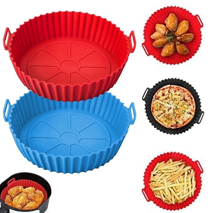 Air Fryer Silicone Basket Liners, Set of 2, Red and Blue, with Handles Nonstick Reusable Heat Resistant I Cooking Oven Insert Accessories-picture-10