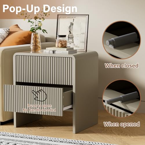 Image of Set of 2 Modern Curved Nightstand with 2 Drawers, Push-to-Open Wooden Bedside Table, Minimalist End Table for Bedroom, Beige