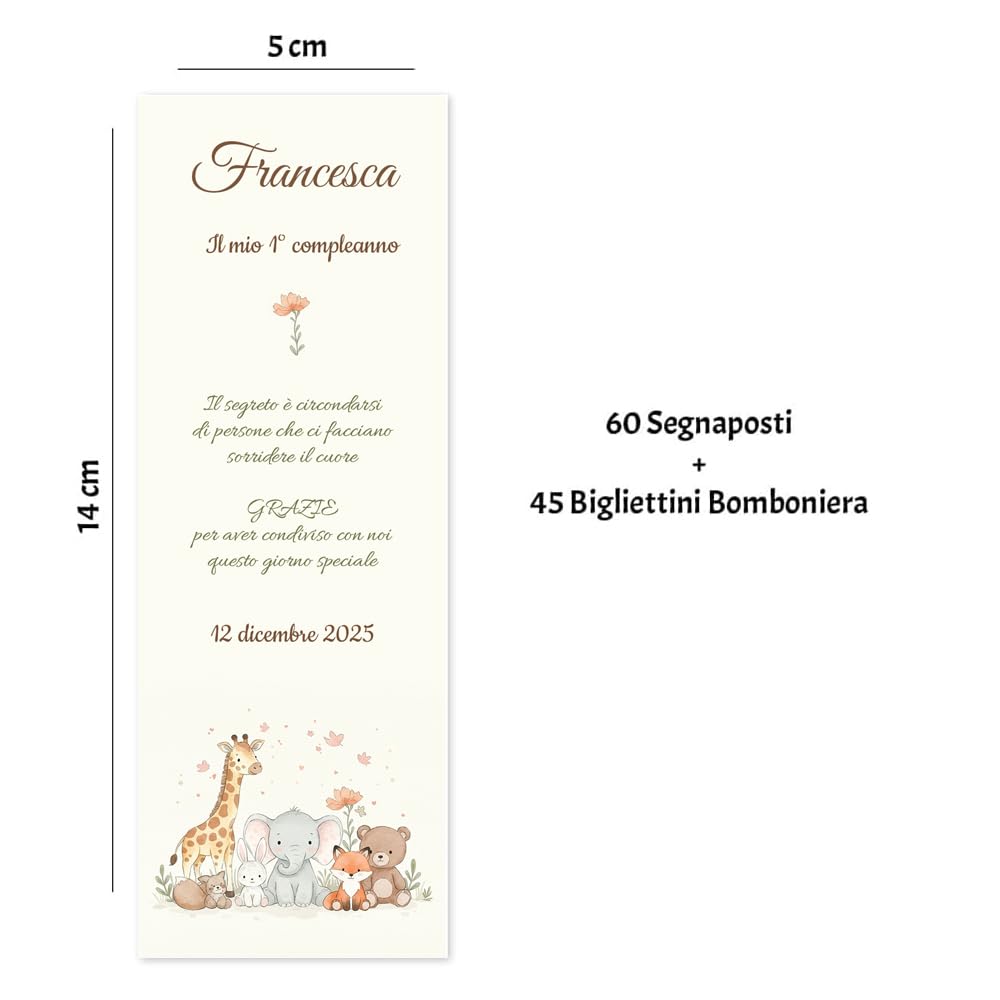 CORMAR KIT BATTESIMO 60 SEGNAPOSTO,45 BIGLIETTINO BOMBONIERA (Animaletti della foresta)