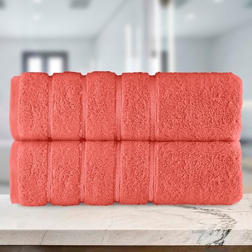 Image of Elegant Comfort 100% Turkish Cotton 4 Lines Viscose Stripe Luxury 2 Pack Bath Towel Set 27 x 54 Inch - Super Soft and Highly Absorbent Premium Hotel Spa Quality Towels for Bathroom Use, Coral