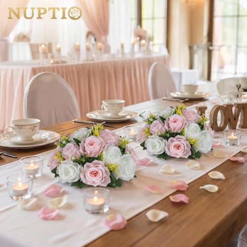 Image of NUPTIO Flower Ball Centerpieces for Tables: Pink & White Artificial Rose