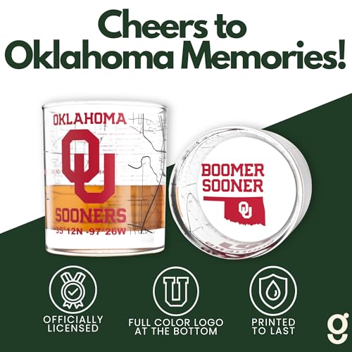 Image of Greenline Goods University of Oklahoma Sooners Whiskey Glasses Set of 2, 10 oz Rocks Glasses with Full-Color Logo & Campus Map - Officially Licensed Bourbon Glass Gift for Alumni & Fans