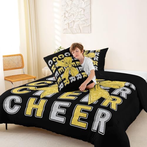 Image of Feelyou Cheer Bow Bedding Set Soft for Boys Girls, Glitter Cheerleader Comforter Set Twin Size Cheerleading Duvet Quilt Microfiber Sport Bedroom Decor 2 Pcs with 1 Pillow Cases
