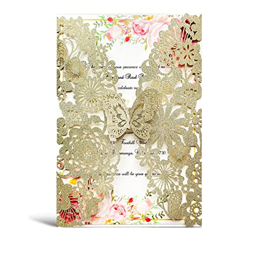 Hosmsua Lot de 20 cartes d'invitation de mariage vierges découpées au laser avec dentelle papillon et enveloppes pour fête prénuptiale, fiançailles,...