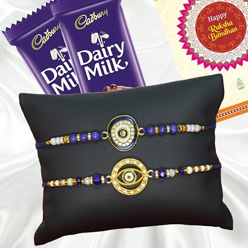 Image of Canton Rakhii Gift for Brother with Chocolate - Designer Rakhi for Brother with Cadbury Gift Hamper Pack, Roli Kumkum & Greeting Card (Design-7, 2 Rakhi + Cadbury)