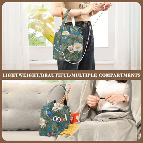 Image of ElliTarr Crochet Bag Yarn Bag with Handle Portable Knitting Project Bag Travel Yarn Storage Organizer Holder Case Vintage Blue Bird Flowers Butterflies