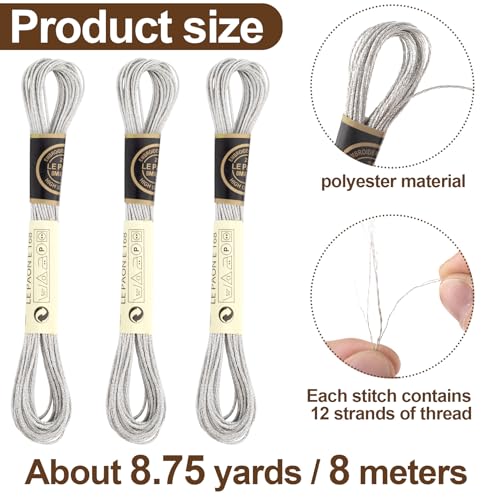 Image of 3 Skeins Metallic Embroidery Floss, Glitter Embroidery Thread String, Polyester Cross-Stitch Threads for Hand Embroidery, String Art, DIY Bracelet- Silver
