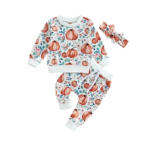 Image of Dcohmch Baby Girl Halloween Outfit Long Sleeve Pumpkin Floral Sweatshirt Pants Set Newborn Infant Baby Fall Clothes (Blue, 0-6 Months)
