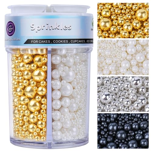 Image of Sprinkles Pearl Mix 4 Colors for Cake Decorating, Gold White and Silver Sprinkles Black Pearl for Baking Cake Cupcake Cookie Ice Cream Brownie Decoration 116gm