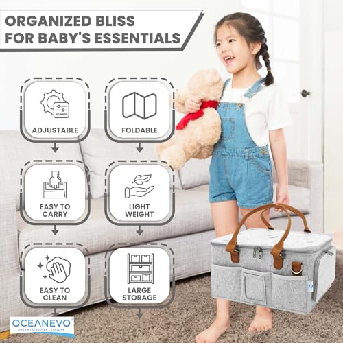 Image of OCEANEVO Cute Diaper Caddy Organizer Bag WITH Lid, Changing Mat & Luggage Tag | New Born Baby Essentials Storage Basket with Compartments and Removable Shoulder Strap | 40 x 27 x 19 Cm - Grey