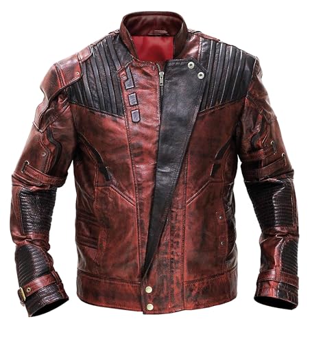 Prime-Fashion Peter Men Star Quill Guardians Lord Galaxy Jacket Distressed Maroon Protector Faux Leather Adult Costume Jacket (Medium)