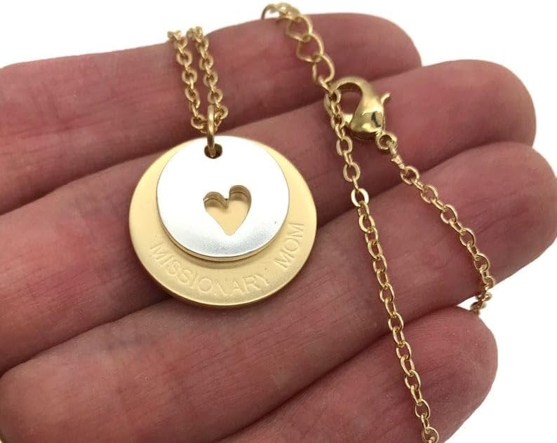 Doodle Beads Missionary Mom Necklace, Missionary Mom Jewelry with card- A piece of my heart is serving the Lord, missionary mom stamped disk with heart