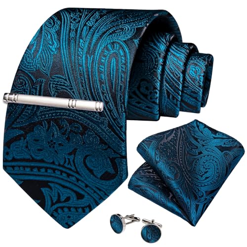 Image of DiBanGu Silk Floral Ties for Men Woven Paisley Necktie and Tie Clip Handkerchief Cufflinks Set for Party Wedding
