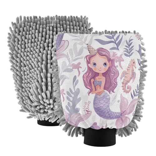 ALAZA Mermaid Seahorse Car Wash Mitt Scratch Free, 2 Pack Absorbent Microfiber/Chenille Washing & Drying Mitts, L