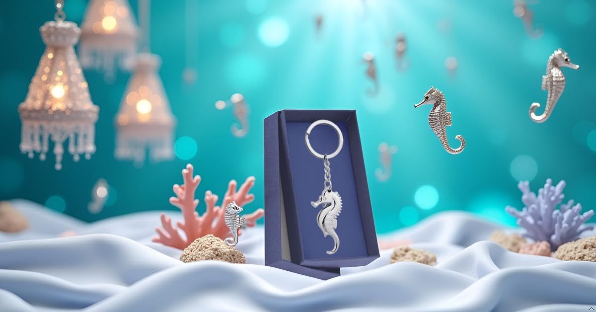 Llavero Porta Llaves de Caballito de Mar, 11 x 3 cm, Chapado en Plata, Acabado de Primera Calidad