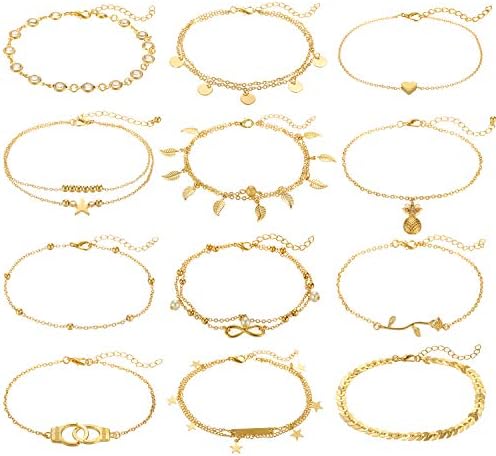 FUNEIA 12/16/30Pcs Ankle Bracelets for Women Gold Silver Rose Gold Charm Anklets Set for Teens Boho Layered Beach Adjustable Foot Chain Summer Beach Jewelry