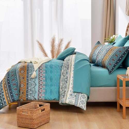 Image of Cottolester Boho Queen Comforter Set 8 Pieces,Teal and Yellow Bohemian Comforter Paisley Striped Bed in A Bag,Soft Microfiber Bedding Set for All Season