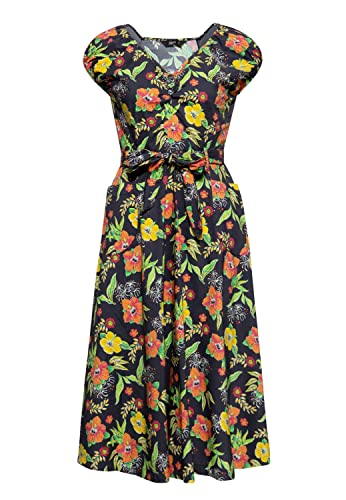 Queen Kerosin Damen Swing Kleid Tropischer All-Over-Print Sommerkleid Hibiskus 50S 40S 60S Tropical Vintage Rockabilly Rockabella Hibiskus Black