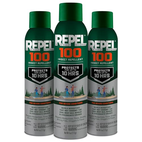 Image of Repel 100 Mosquito and Insect Repellent, 4 Ounces, 98% DEET 10-Hour Protection Long-Lasting Insect Repellent Aerosol Bug Spray Repels Mosquitoes, Ticks, Gnats, Biting Flies, Chiggers And Fleas, 3 Pack