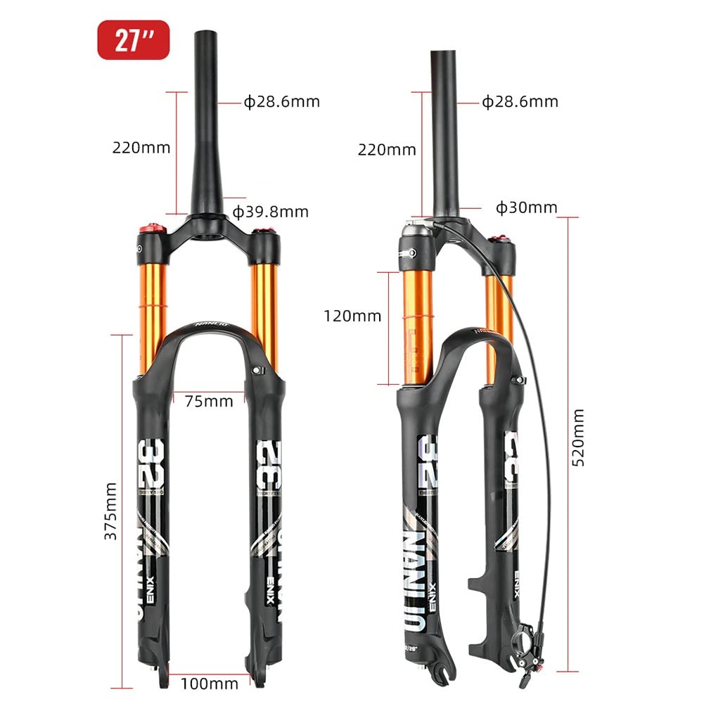 Forcella ammortizzata ad aria per MTB da 120 mm, 26, 27,5, 29", con controllo della linea, in lega di magnesio, ideale per mountain bike, QR 9 x 100 mm, freno a disco, tubo conico, in