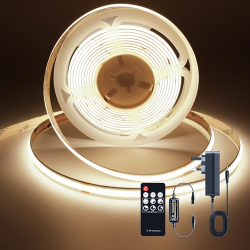 TTWAY COB LED Strip Lights 3000K, Dimmable LED Strip Kit, Super Bright 24V LED Tape Lights CRI90+ with RF Remote and UKCA Power Supply for DIY Home Decoration, 2M, 960LEDs, Warm White.
