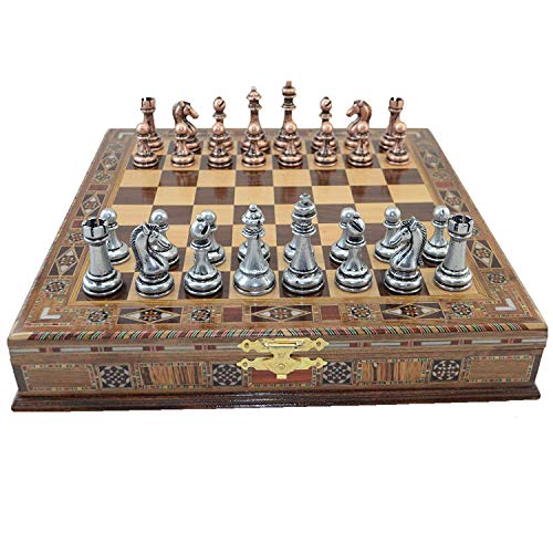 Classic Antique Copper Chess Set Handmade Pieces and Natural Solid Wooden Chess Board with Pearl Design Around Board and Storage Inside King 2.96 inc Classic Antique Copper Chess Set Handmade Pieces and Natural Solid Wooden Chess Board with Pearl Design Around Board and Storage Inside King 2.96 inc